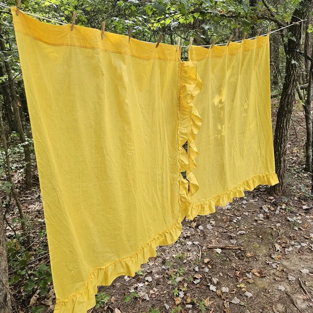 Vintage Bright Orange Yellow Ruffled Curtains Pair 47